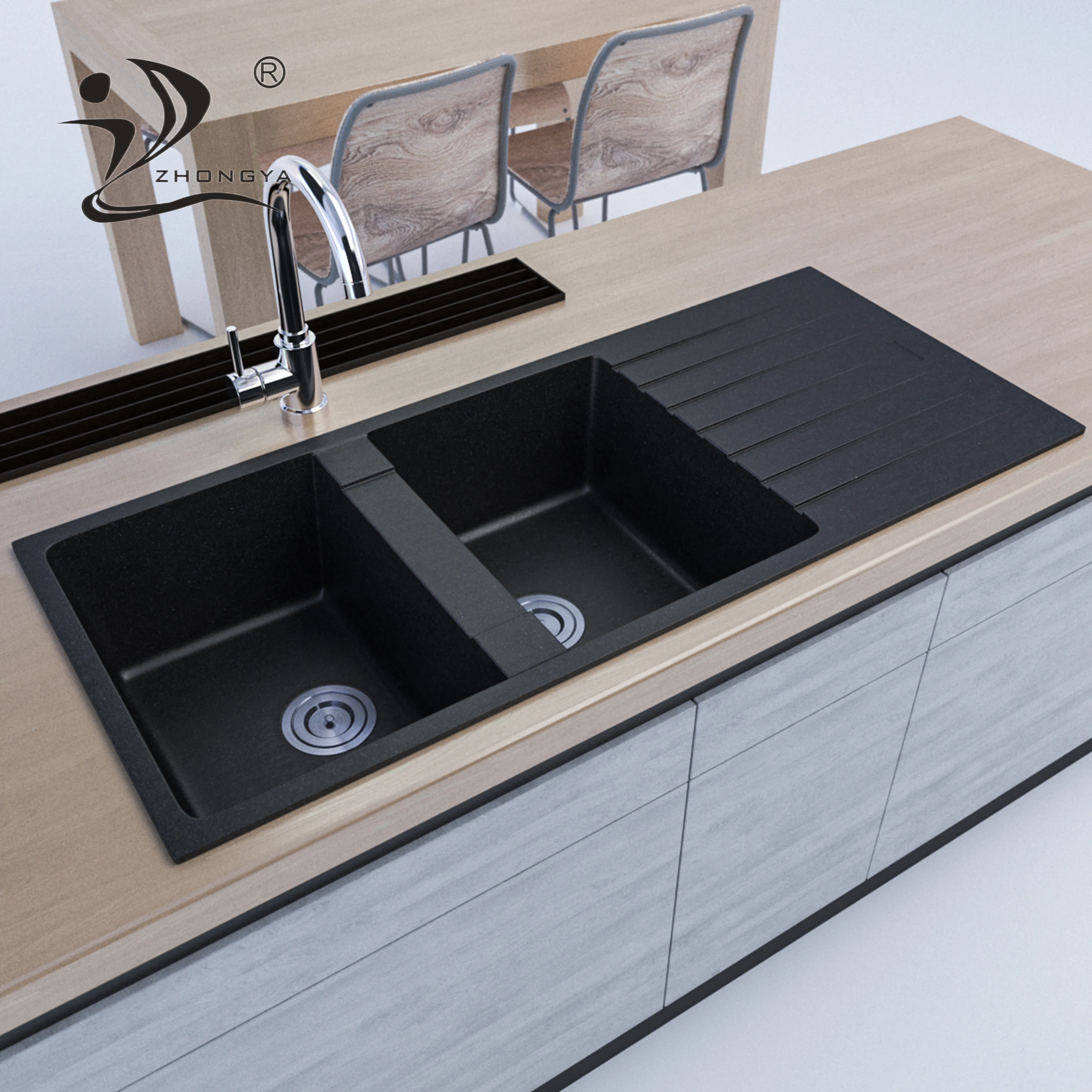 ZHONGYA Hot sell Luxury anti scratch kitchen quartz granite countertop for double bowl basin sink with drainboard