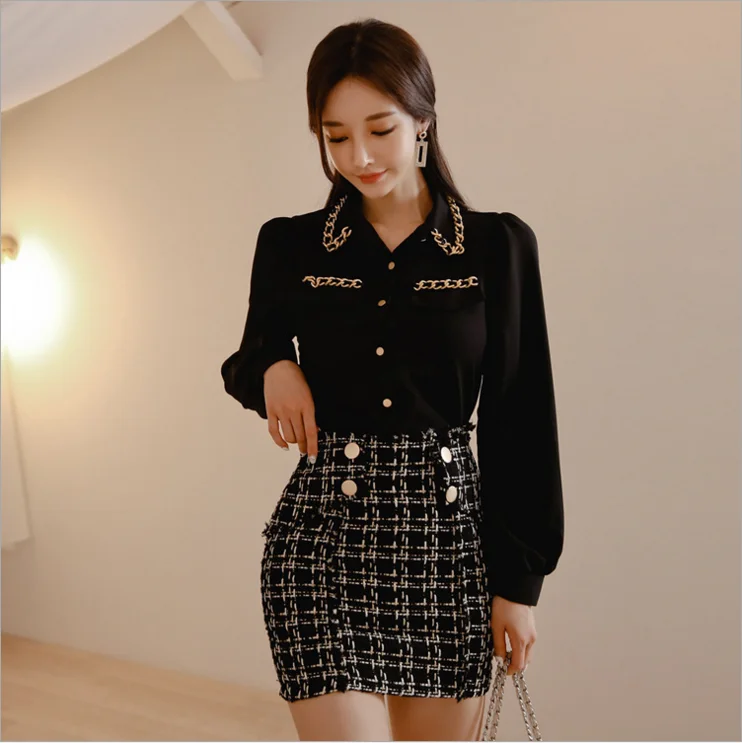 2021 New Two-piece suit OL Business Attire temperament shirt fashion lapel single-breasted chain blouse lantern sleeve Top+Skirt