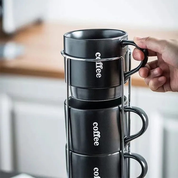 Hot   Ceramic Coffee Cup Set Of 4 Black Matte Black Stackable Tea Cocoa Milk Gift Mug Set With Rack