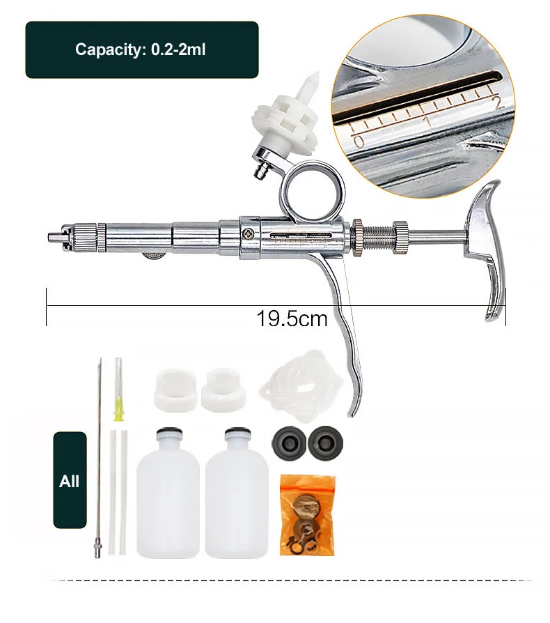 Multifunction Veterinary stainless steel 2ml & 5ml animal injector syringe with bottle holder for poultry