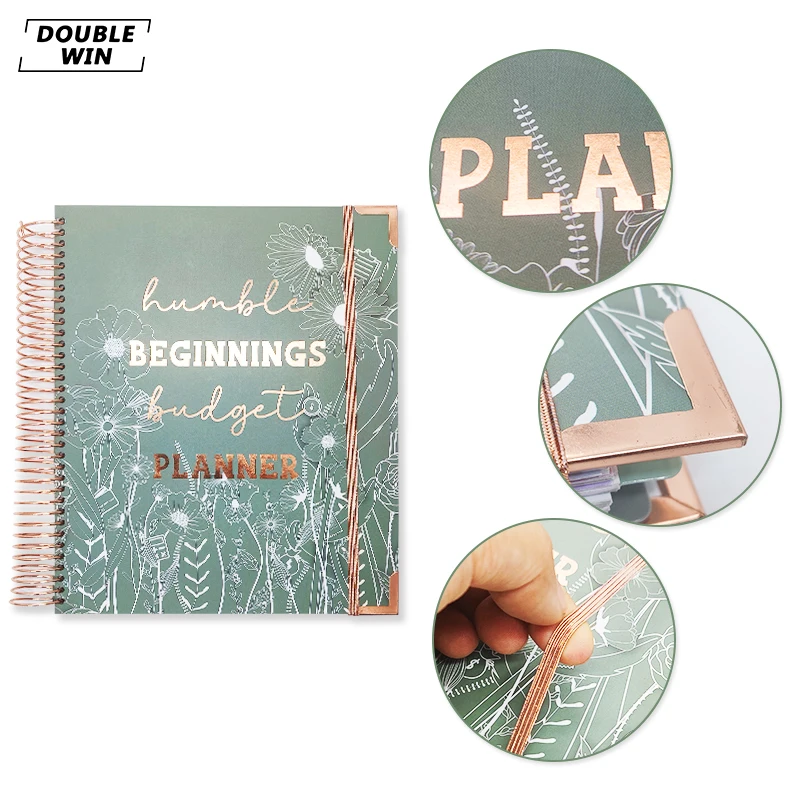 2024 Custom Design Gold Foil Single Coil Spiral Financially Journal Budget Planner with Money Cash Envelope