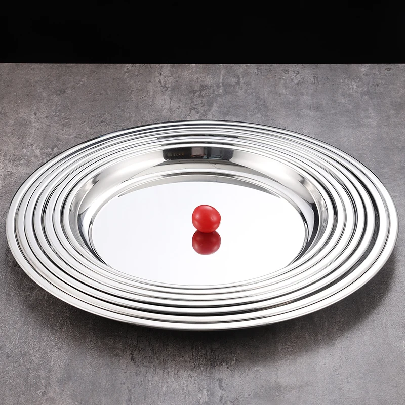 Large Flats Bottom Shallow Tray Thickened Mirror light Stainless Steel Plate Round dish for Barbecue Restaurant Caterers Canteen