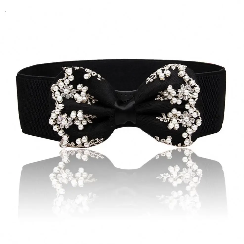 fashion Ceinture ruban women Black / white big bow lace chiffon bow knot pearl lace elastic waist belt loose tight belt ladies