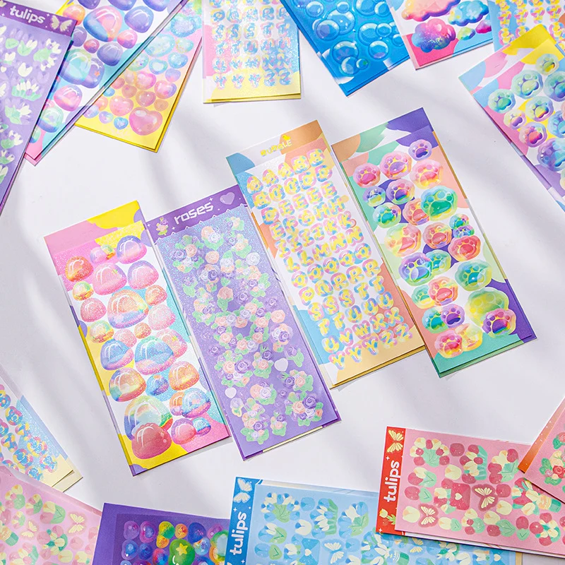 Custom Adhesive A4 A5 A6 Vinyl sticker label Kawaii Korean Rainbow Effect Glitter Kiss Cut Sticker Sheets Printing