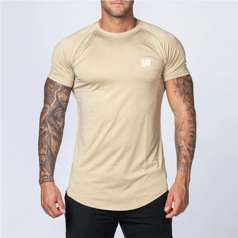 Wholesale Comfortable Light Weight Muscle Fit Sport Wear Gym T Shirt Beige Round Neck Curved Hem Raglan Tees