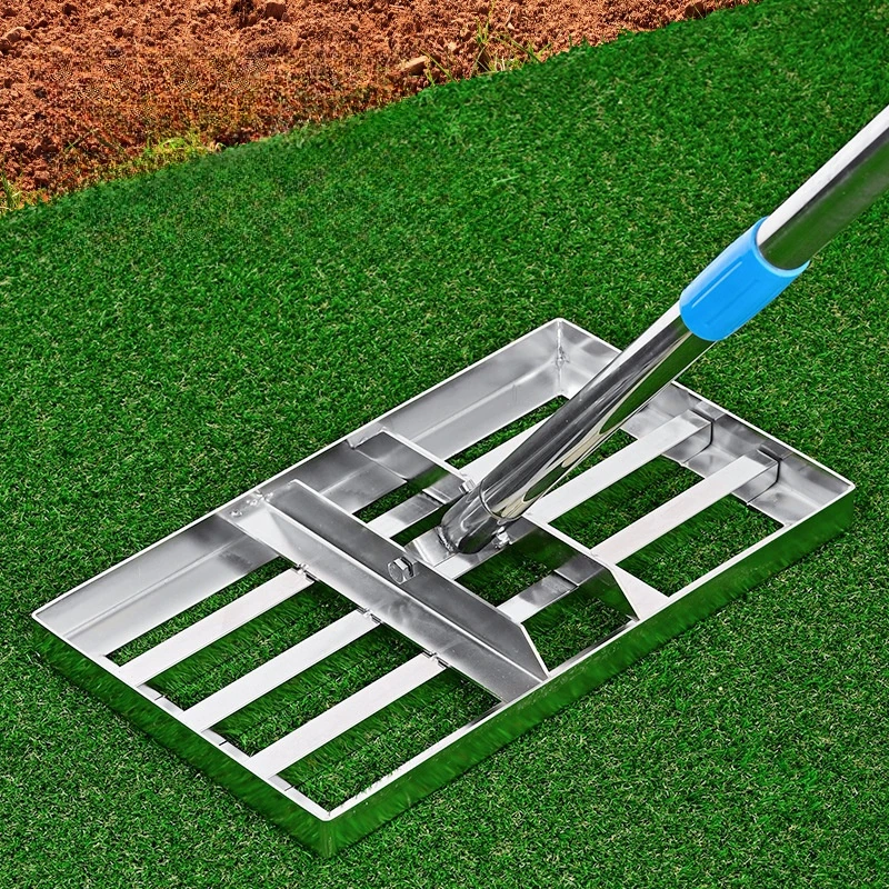 Garden Backyard Lawn Soil Dirt Ground Adjustable Stainless Steel Pole Tool Lawn Leveling Rake With 5-Section Rod