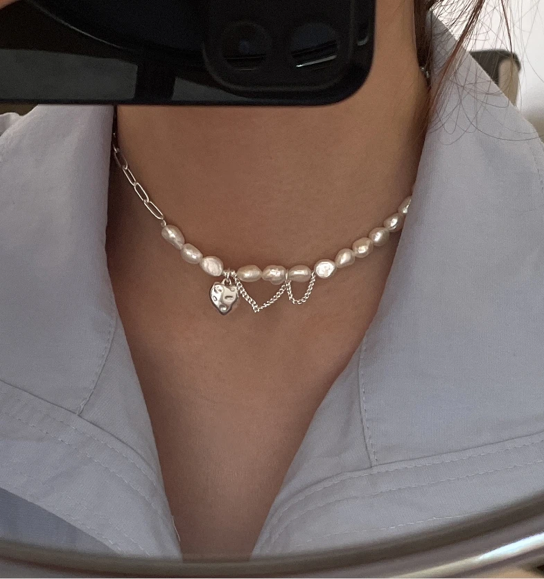 925 Sterling Silver Sweet Baroque Pearl Love Necklace For Women Fashion Heavy Industry Chain Choker Necklace Jewelry Party Gift