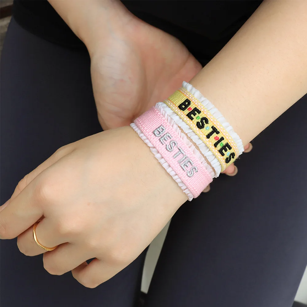 Embroidery BESTIES pattern text design Custom Lace edge Decoration Custom Woven Girls Women School Team Bracelets