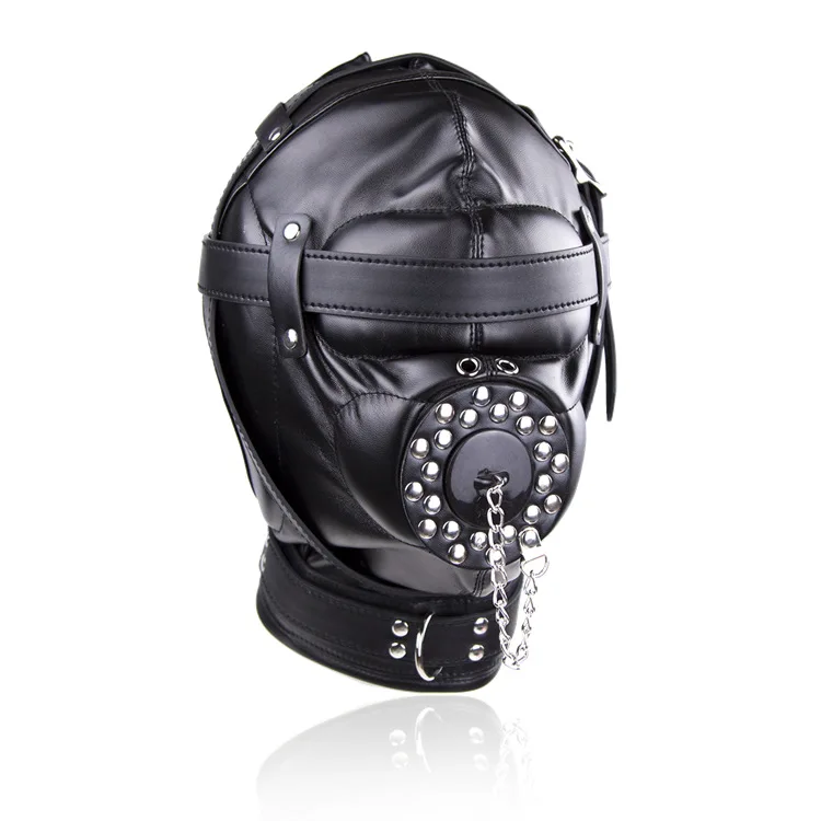 Bdsm Bondage Headgear Sex Toys of Leather Lockable Fetish Blindfold Hood Mask with Silicone Dildo Gag for Couples SM Games