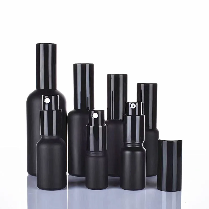 5 10 15 30 50 100 ml Black matte blue amber empty glass bottle with aluminum pump spray lid
