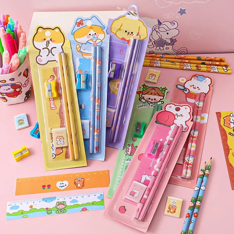 Wholesale cheap cartoon school pencil eraser stationery set for children gift