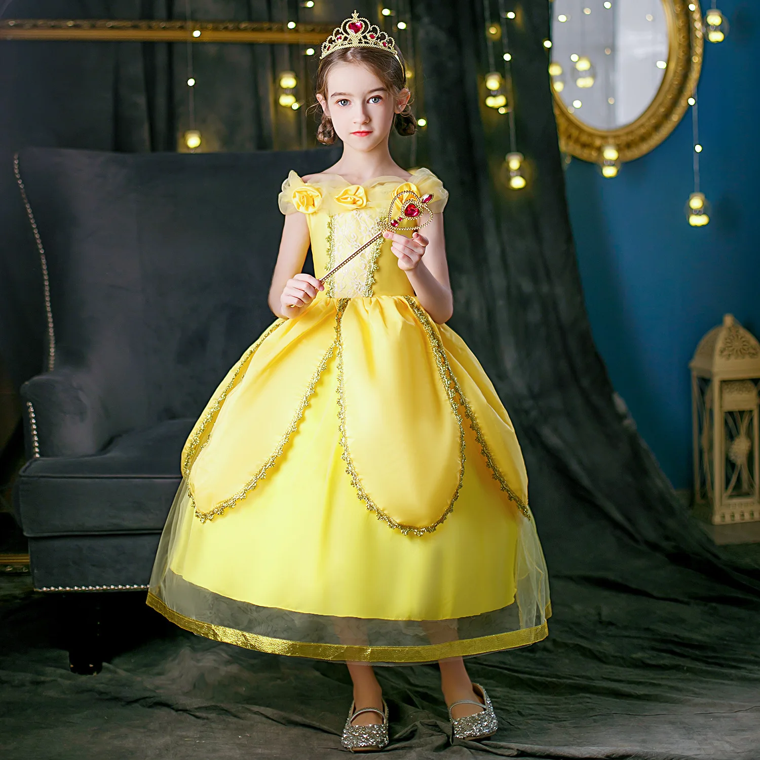 NEW Designs 3-10 Years Girls Belle Dress Off Shoulder Princess Halloween Costume Beauty and The Beast Cosplay Girls Prom Dress