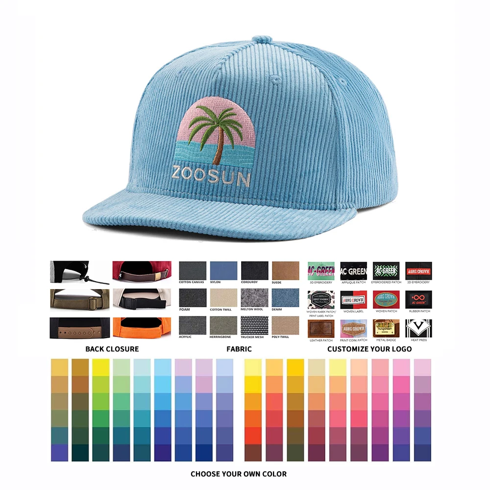 Aung Crown High Quality 5 Panel Embroidered Corduroy Snapback Cap Adjustable Size Premium Structured Flat Bill Snapback Hats