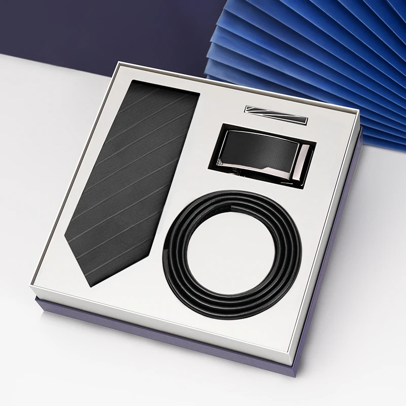 Personal Gift Automatic Buckle Black Genuine Leather Belt and Silk Tie with Gift Box