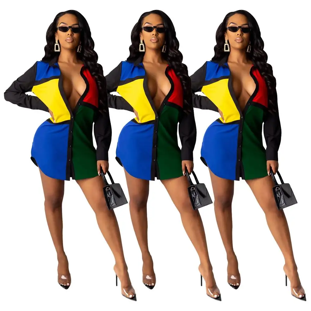 High Quality four-color  Print  Mini Dress Colour contrast skirt