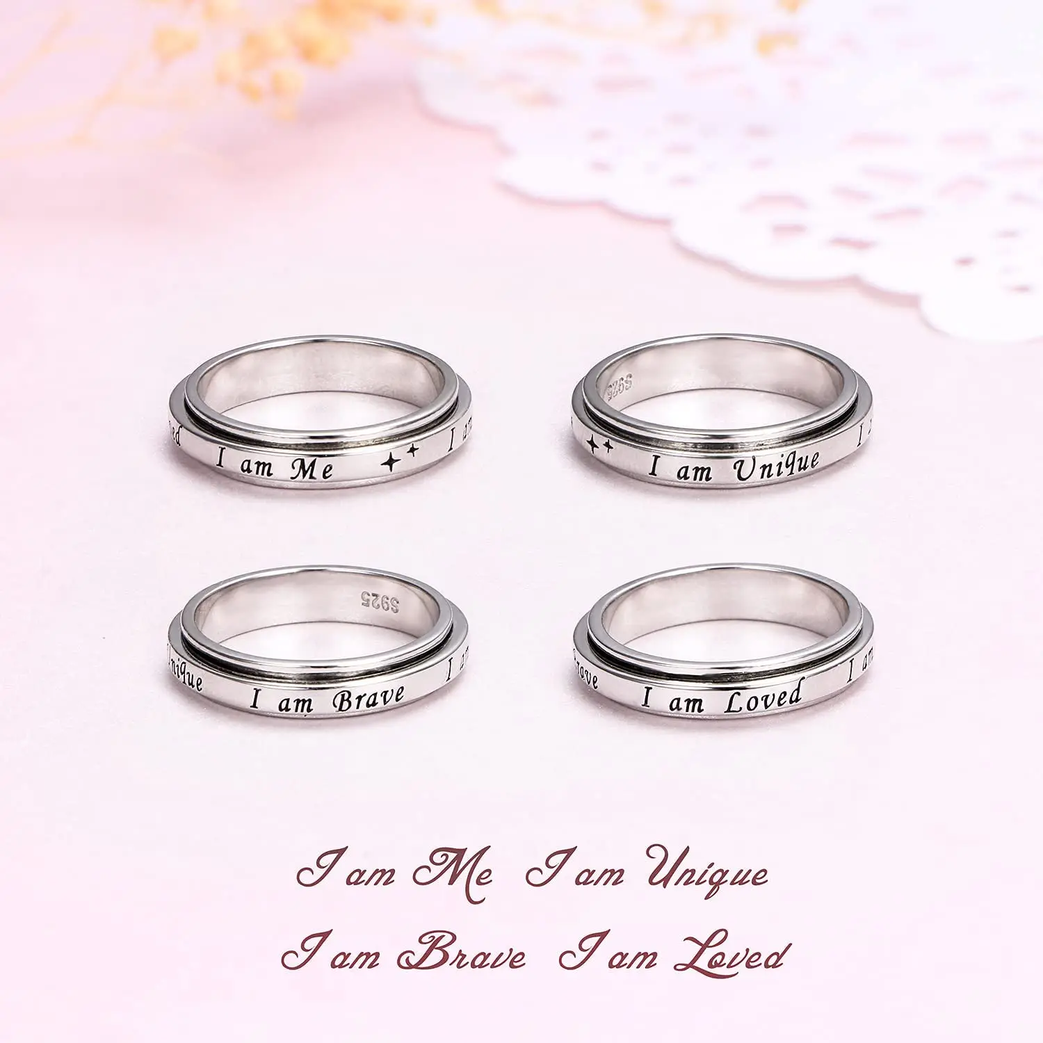 anxiety rotating ring jewelry custom inspirational 925 sterling silver i am enough spinning moon ring