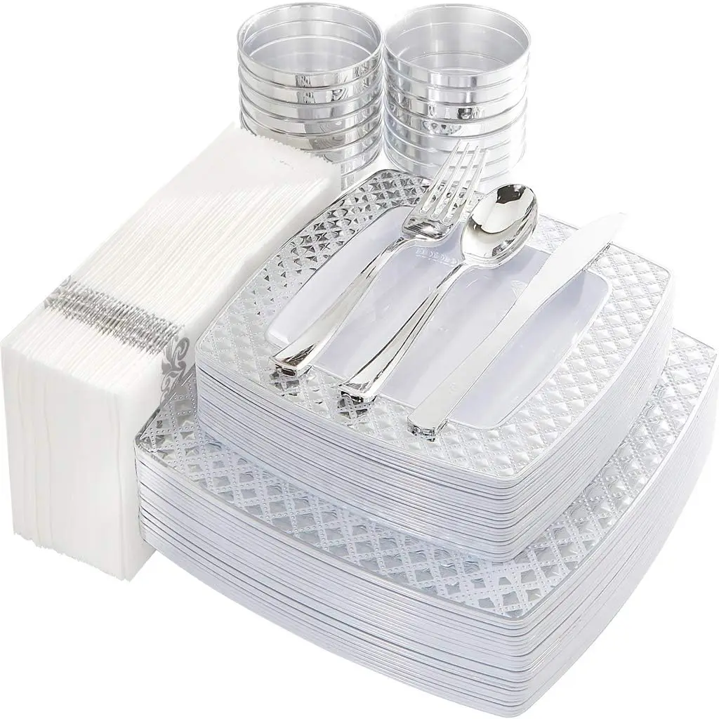175PCS Silver Plastic Square Plates with Disposable Silverware Cups Napkins Silver Diamond Tableware for Party Decoration
