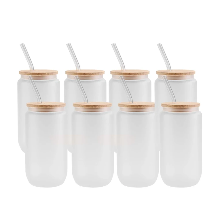 12oz 16oz clear frosted borosilicate glass beer can cup with bamboo lid and straw