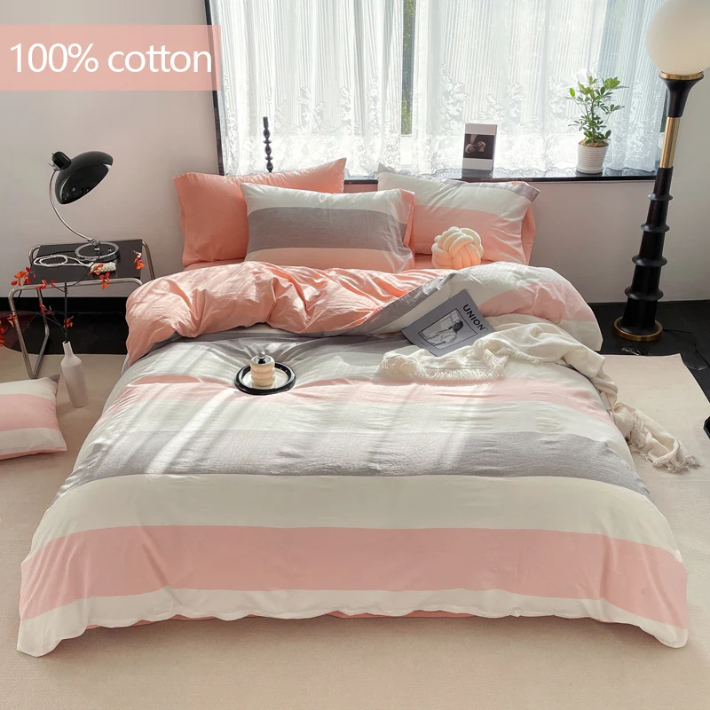Color Woven Striped pink Gray White Bed Sheet Four Piece Set Home Pure Cotton Bedding Set