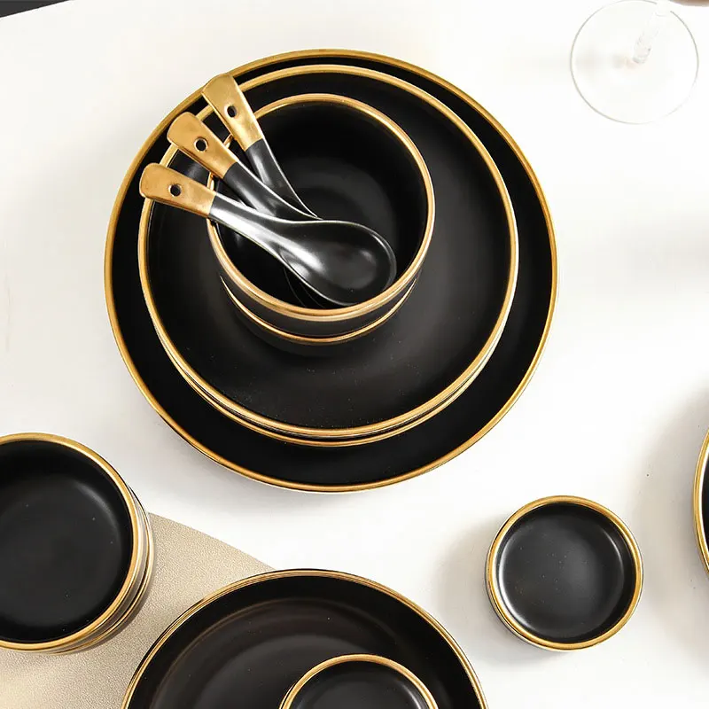 Steak Plate Tableware Ceramics Dinner Set Gold Pottery Porcelain Best Fine Nordic Luxury Living Dining Room Black For 6 Users