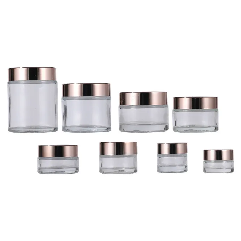 
cosmetic cream clear glass 50ml jar with silver gold and rose gold covers 