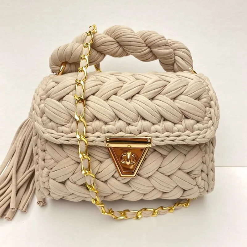 Fashion Multicolor Shoulder Bag Handwoven Crochet Handbag For Women Candy Color DIY Chunky Icelandic Yarn Chain Crossbody Bags