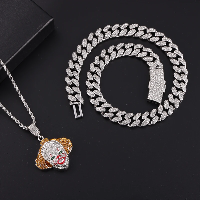 Hiphop Personality Iced Out Jewelry 18inch Alloy Cuban Chain Clown Mask Pendant Necklace Gifts Forfriends on Halloween