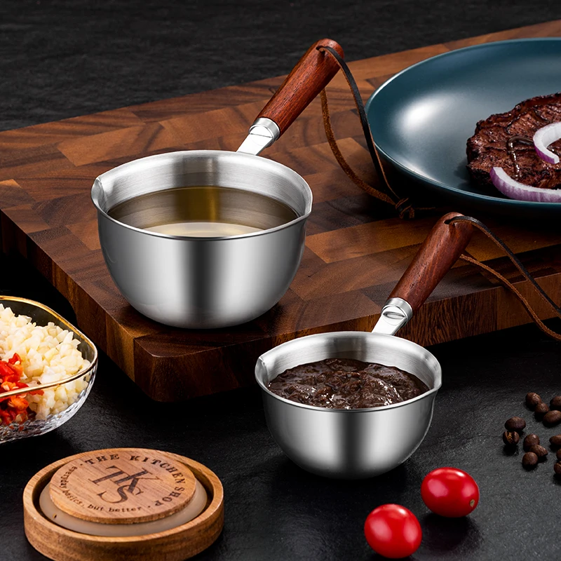 Customized SS304 Oil Pan Cookware Milk Pan Wooden Handle Mini Oil Cup Chocolate Butter Cheese Melting Stainless Steel Oil Pot