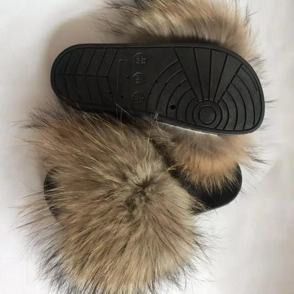 Cheap wholesale natural raccoon fur slippers slides sandals for girls