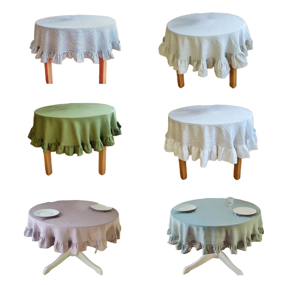 Customizable Linen Ruffle Tablecloth Wholesale Natural France 100% Linen Fabric Rectangle Wedding Table Cloth