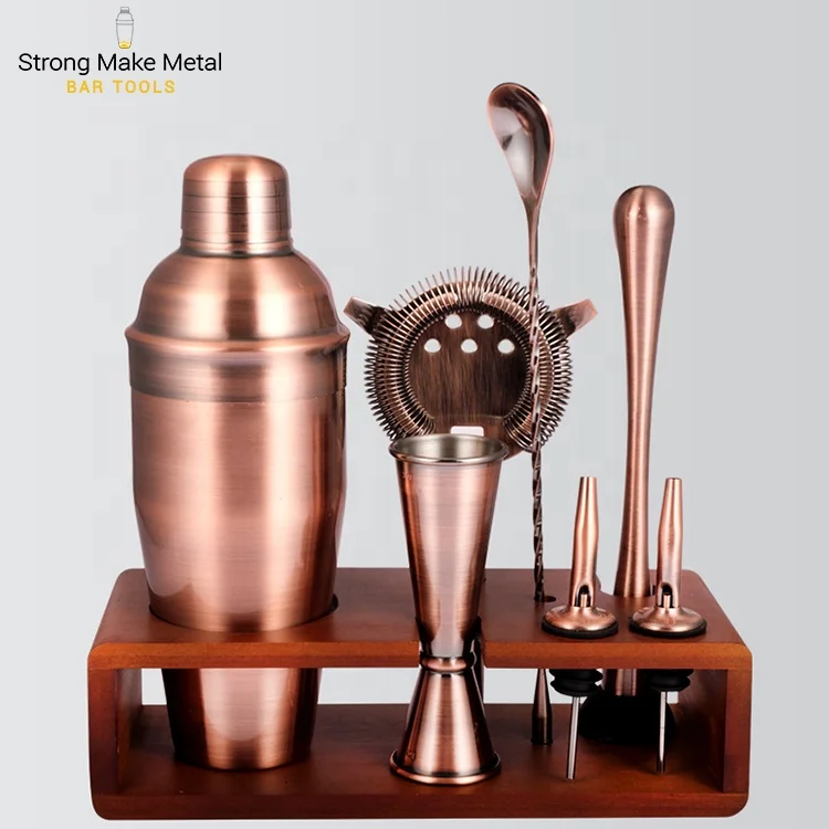 Professional Barware Tools Wooden Stand Brass Copper Bar Accessories Stainless Steel Bartender Kit Jigger Cocktail Shaker Set