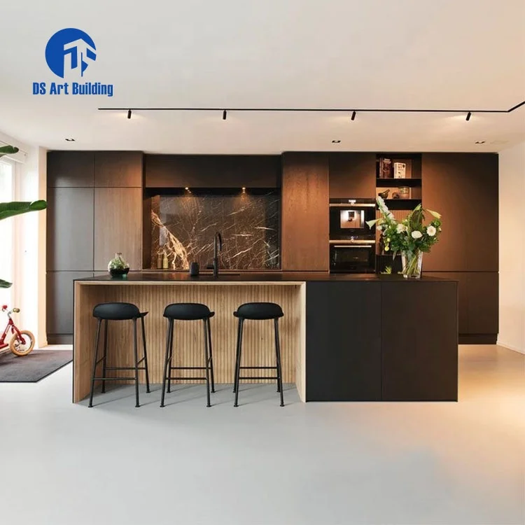 DS luxury modern kitchen sink cabinet glass door black melamine cheap price wooden cabinet kitchen storage cabinet