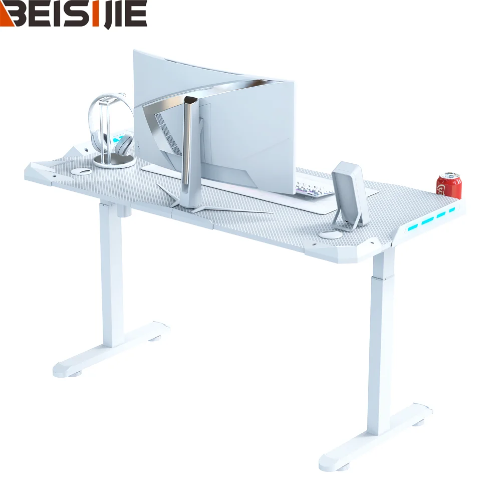 Beisijie Best Selling White Color Gamer Table For PC Computer Height Adjustable Desk RGB Cupholder Game Table