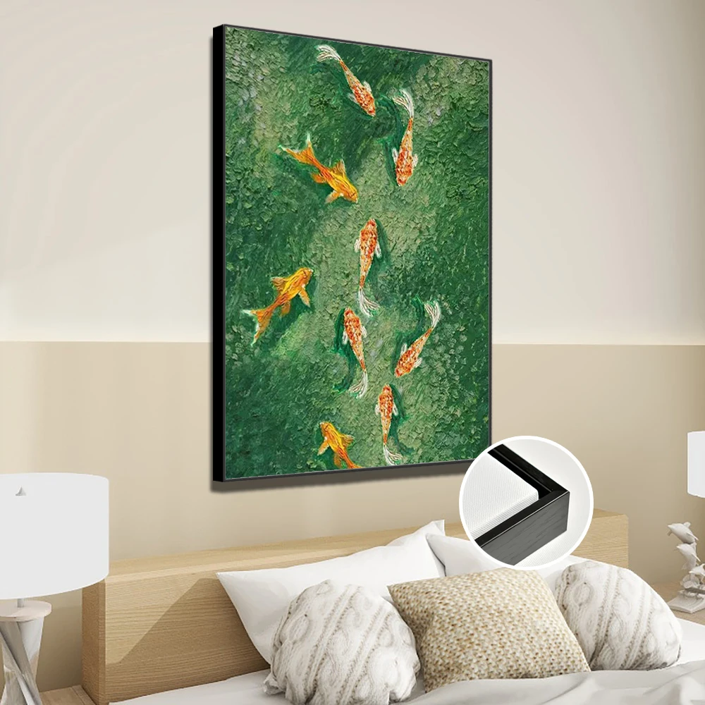 100% Authentic Handmade Abstract Oil Painting Green Theme Goldfish in Fish Pond Home Wall Art Decoration