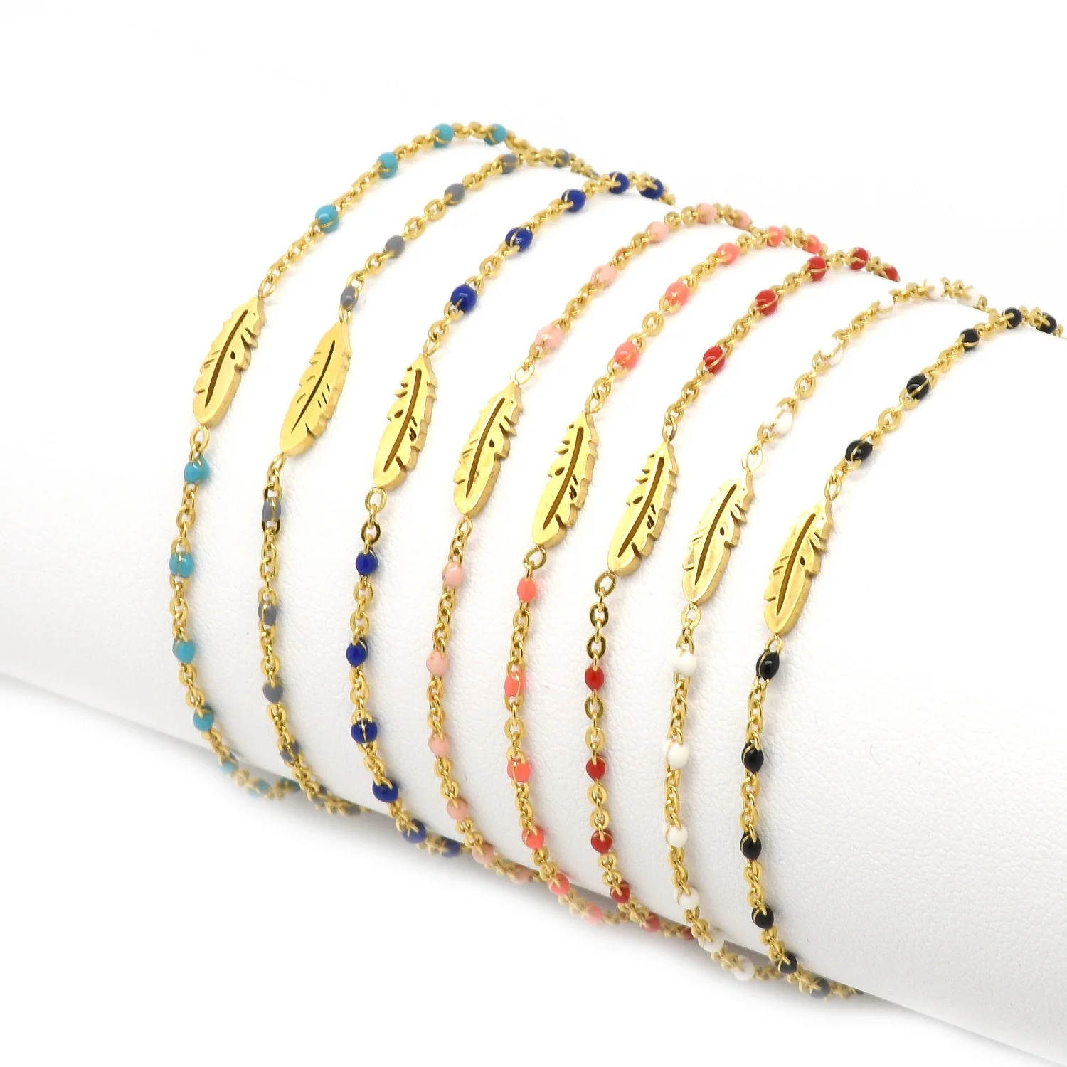 Personalized stainless steel gold color enamel chain Leaf feather charm bracelet