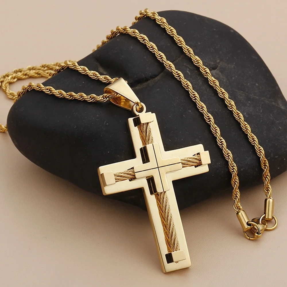 MECYLIFE 18K Gold Plated Hiphop Pendant Fashion Stainless Steel Christian Cable Wire Cross Necklace