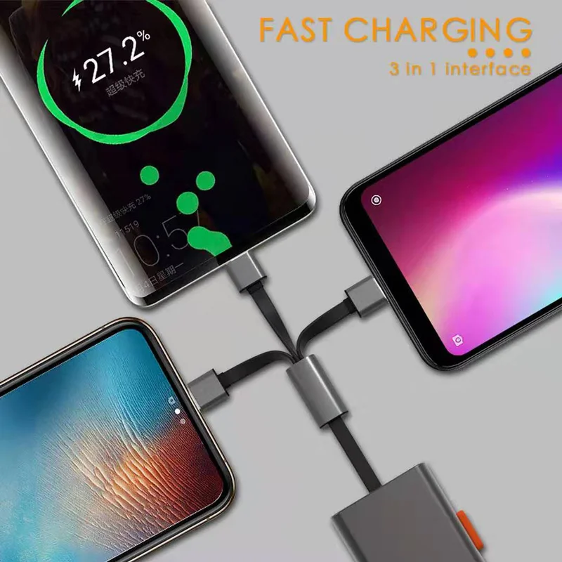 Metal TPE storage and portable cable 3 in1 Usb Charging Cable 2.1A Mirco Type C 8 pin for Android Samsung Huawei Mobile Phone