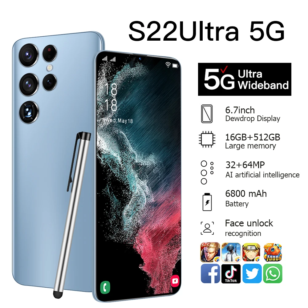 Factory Price Cheap 2022 New S22+Ultra 16+512GB 6800mAh Android smartphone with dual sim card