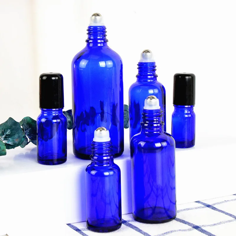 Glass ball Oil bottle blue essence cosmetic refill 5ml15ml 20ml 30ml 100ml  essential round glass bottle with plastic black lid