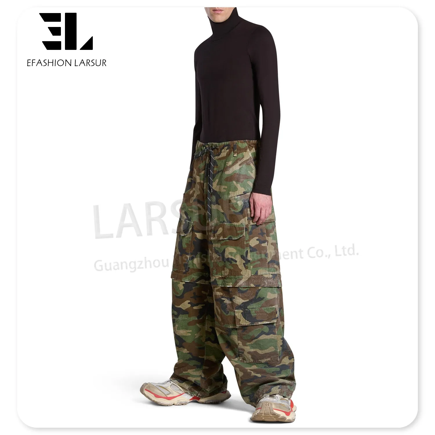 LARSUR Custom clothing manufacturer ripstop cotton camo cargo pants men distress dirty wash remove tactical pants skate pant men
