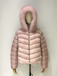 New Design Sleeve Detachable Real Rex Rabbit Fur Fox Hood Trim Reversible Fur coat women