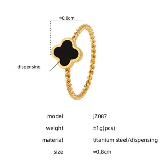 High Quality Jewelry Black Epoxy 4 Four Leaf Clover Flower Ring Women Fashion Plated 18K Gold Stainless Steel Twist Clover Ring