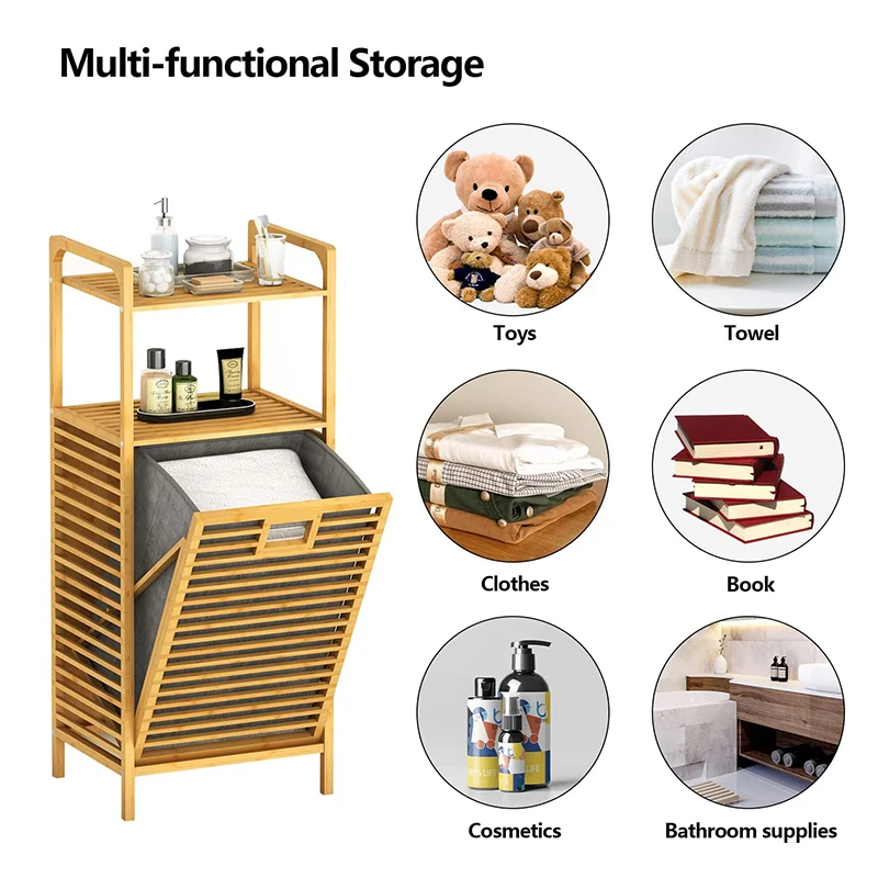 Factory Custom Foldable Canvas Laundry Hamper Bamboo Laundry Basket with Shelves