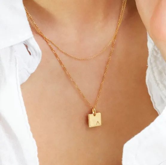 Wholesale Custom Logo Pendant Stainless Steel 18K Gold Plated Simple Trend Initial Letter Engraved Square Pendant Necklace