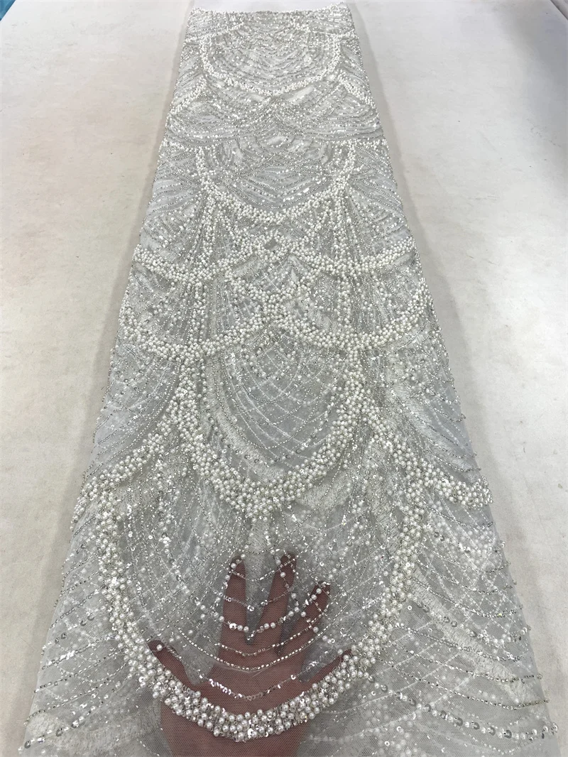 Bridal lace fabric beaded luxury wedding lace fabric high quality lace fabric with beads and pearl