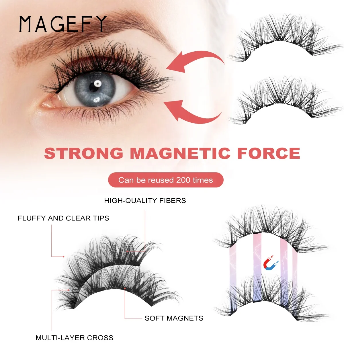 MAGEFY 3 pairs magnetic false eyelashes sets wholesale private label no glue needed dual magnetic eyelashes with gift box