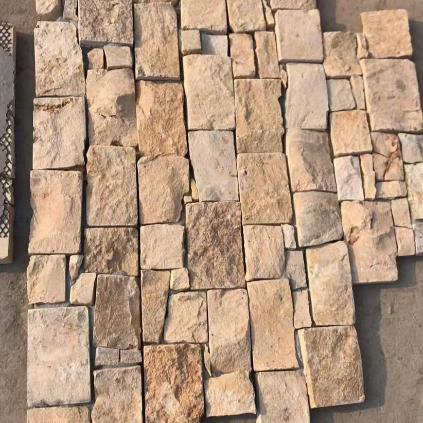 Golden or Yellow or Beige or Cream 3D Wall Decorative Natural Stone Peeled Veneer Strips and Cement Stacked Stone