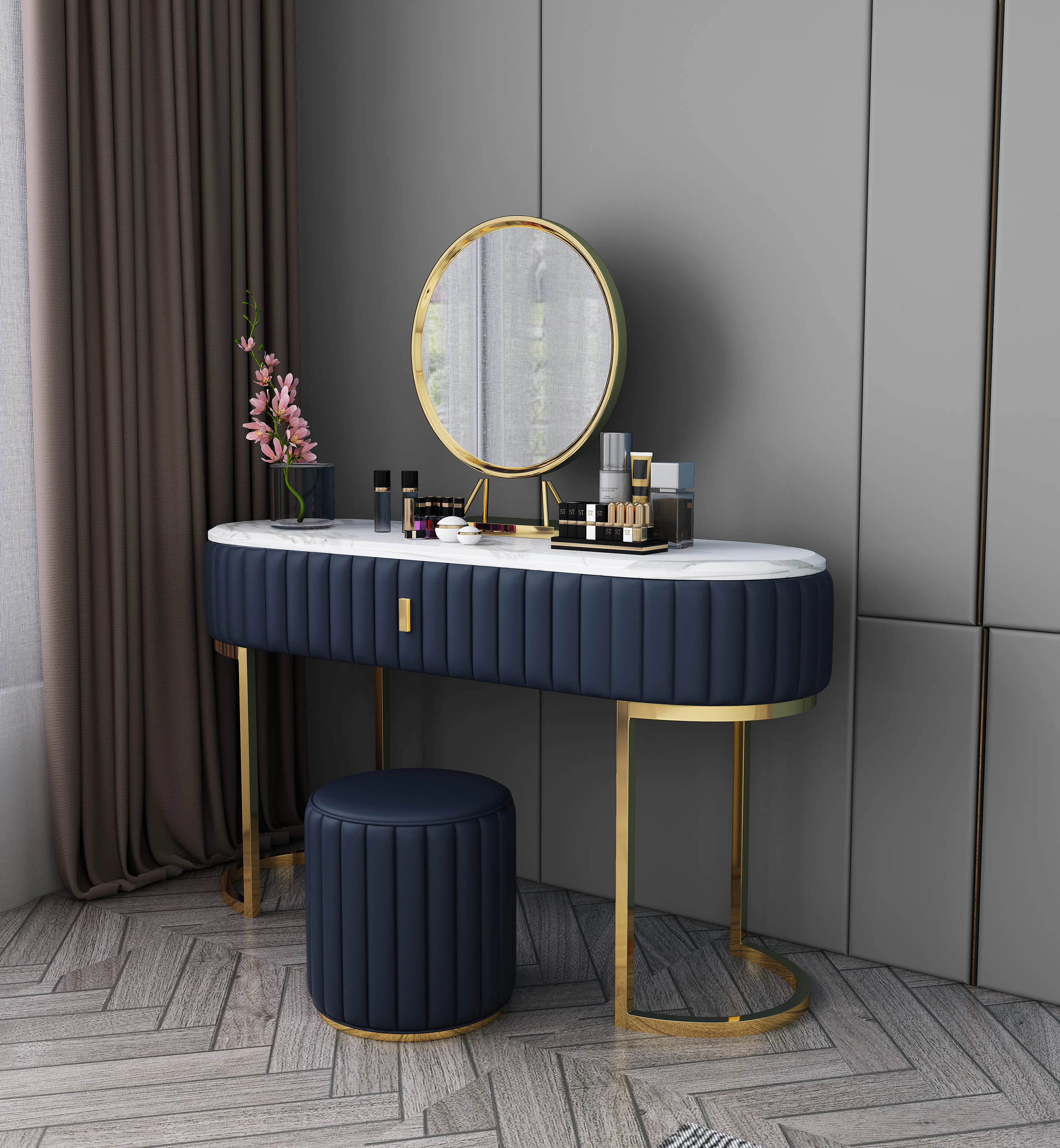 Furniture Dressing Table 4-Drawer Makeup Dresser Set with Stool & Oval Mirror