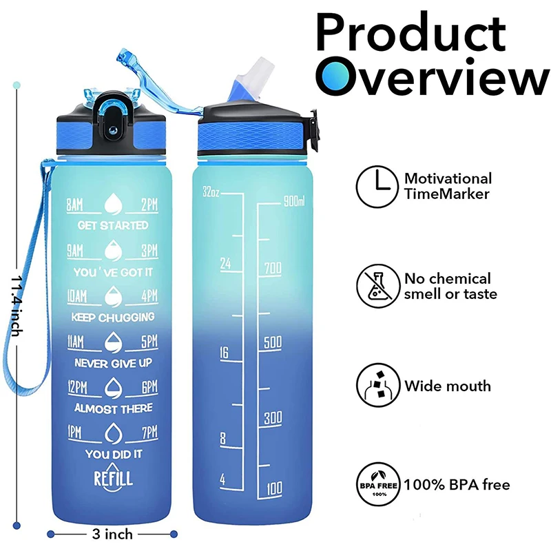 Wholesale 1000Ml 1 Liter Big Motivational Portable Bottle Plastic Water Bottles With Straw Capacity Scale