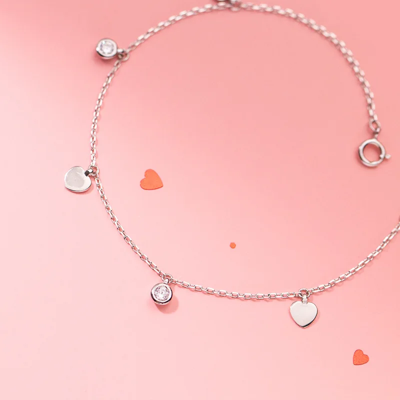  100% 925 Sterling Silver Zircon Coin Heart Charm Anklets For Women Beautiful Fashion